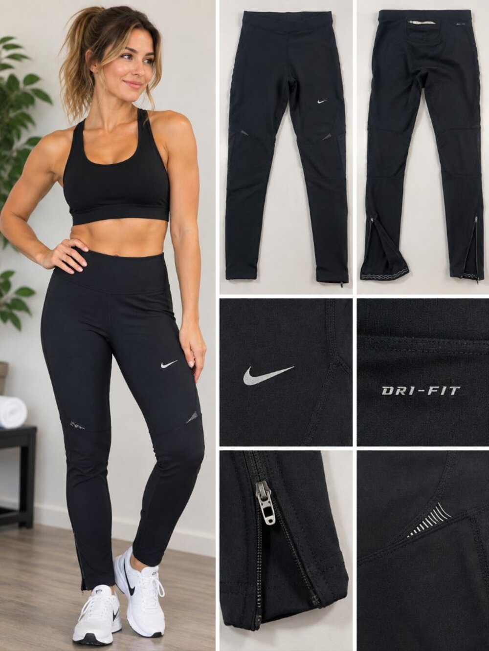 Nike Dri-FIT Black Running Tights Reflective Ankle Zip Women's Large